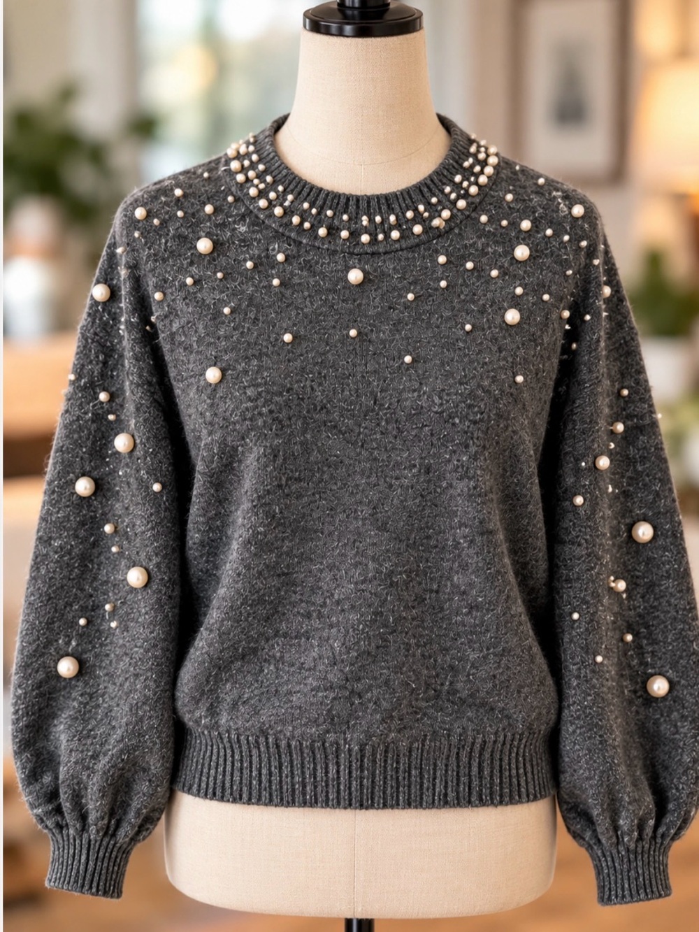 INC International Concepts Charcoal Gray Pearl Embellished Sweater Small